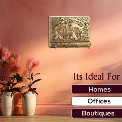 Wooden Key Holder For Home Decor Stylish Metal Gold Antique Elephant Design (1 Pc) - Zidbik