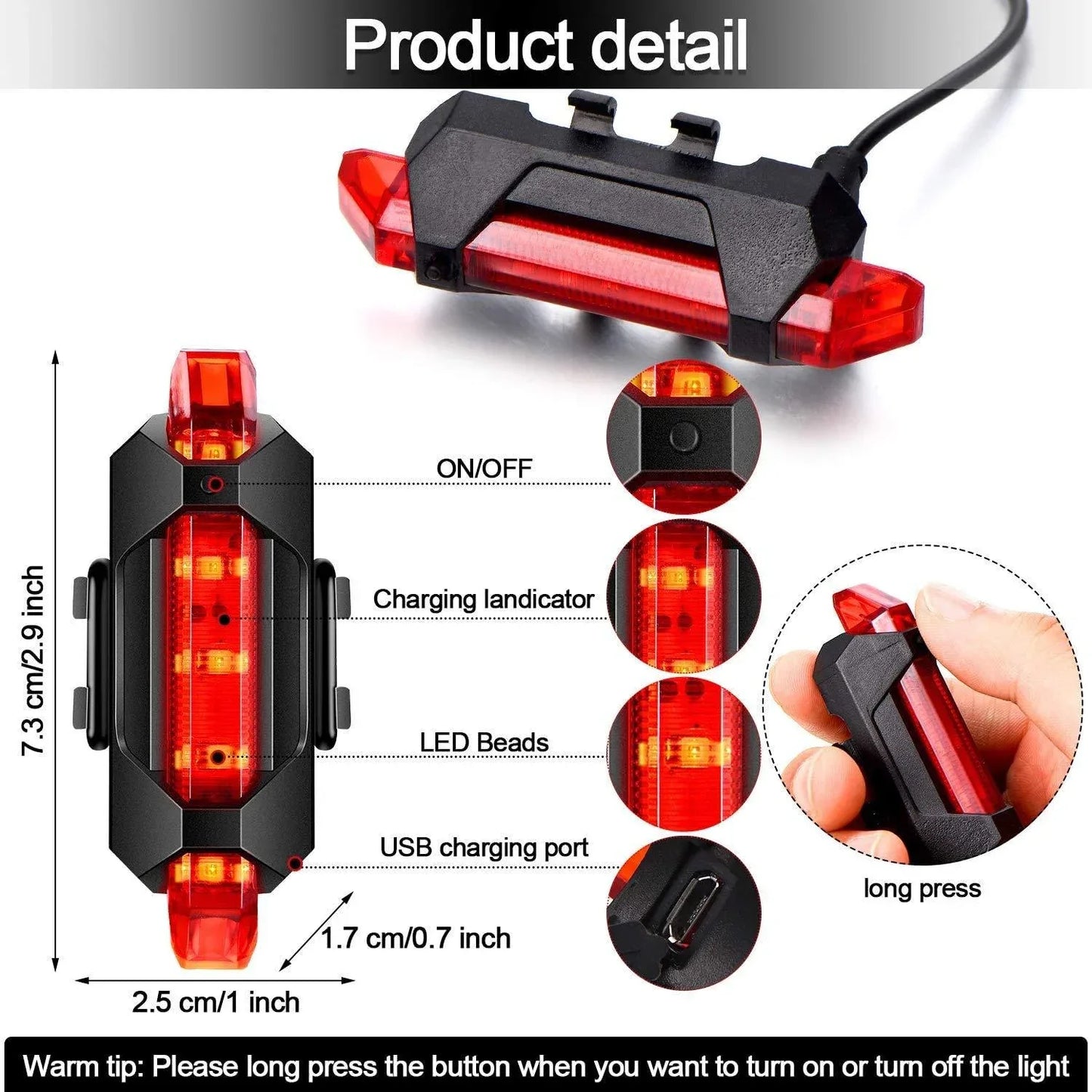 1561 Rechargeable Bicycle Front Waterproof Led Light (Red) - Zidbik
