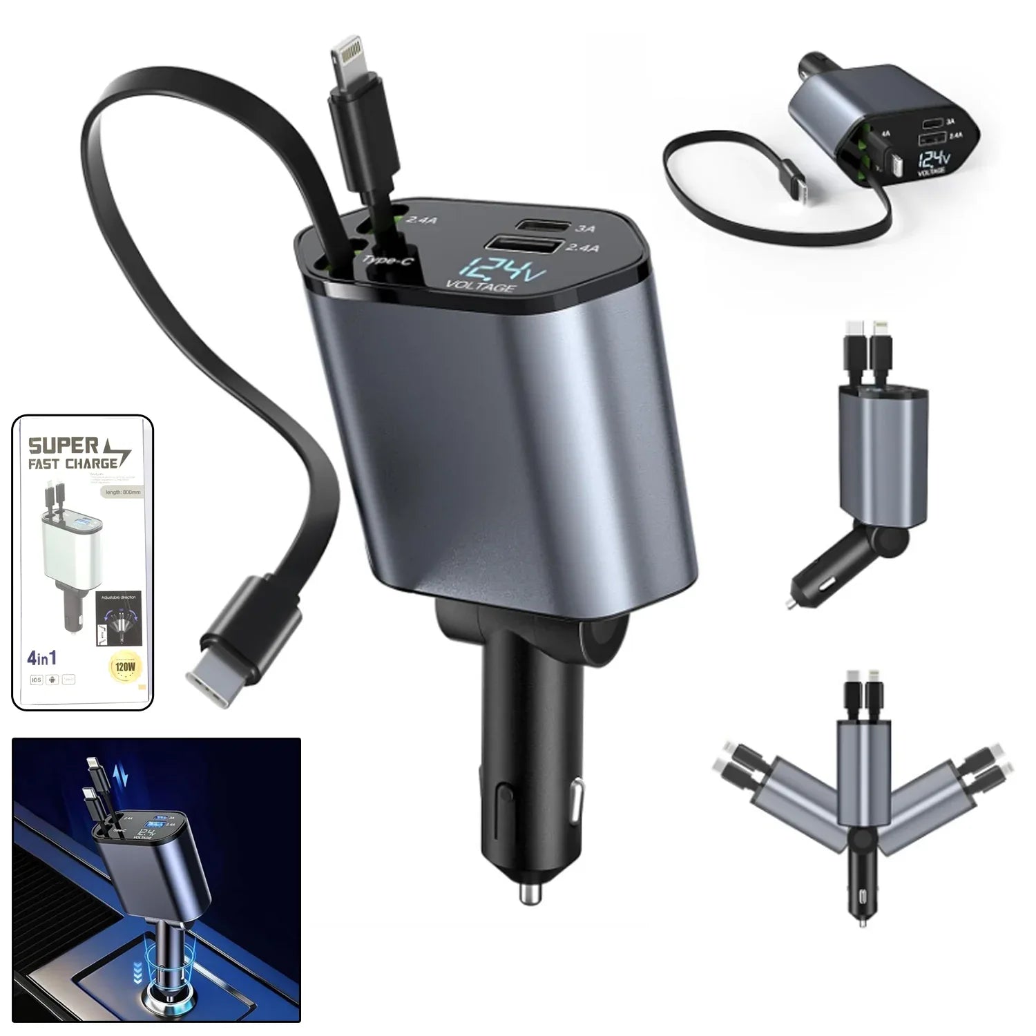 4-in-1 Super Fast Car Charger With Dual Built-in Cables Dual Usb Ports - Zidbik