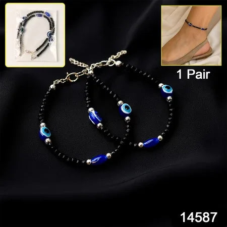 Adjustable Black Bead Evil Eye Protection Bracelet Set (2 Pc) - Zidbik