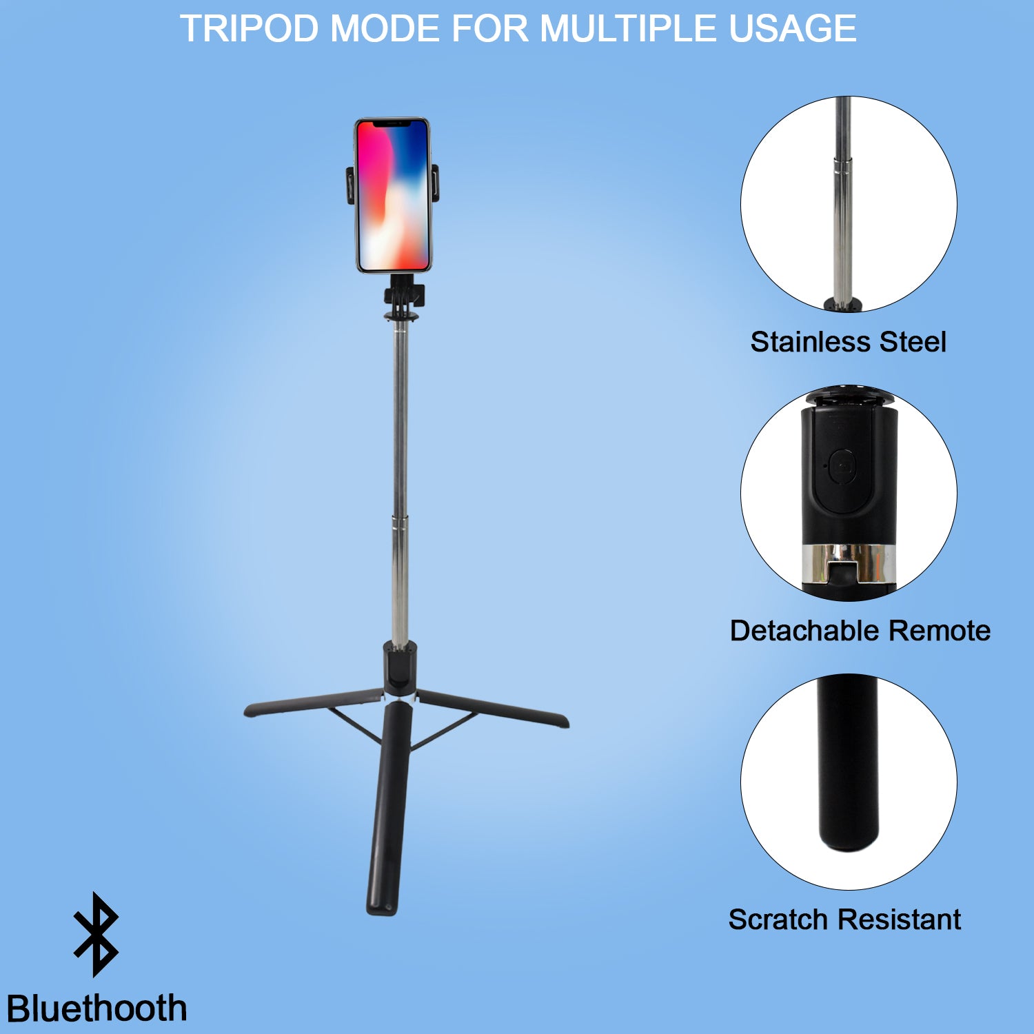 Selfie Stick With Tripod Stand (1 Pc  160 Cm Long Approx) - Zidbik