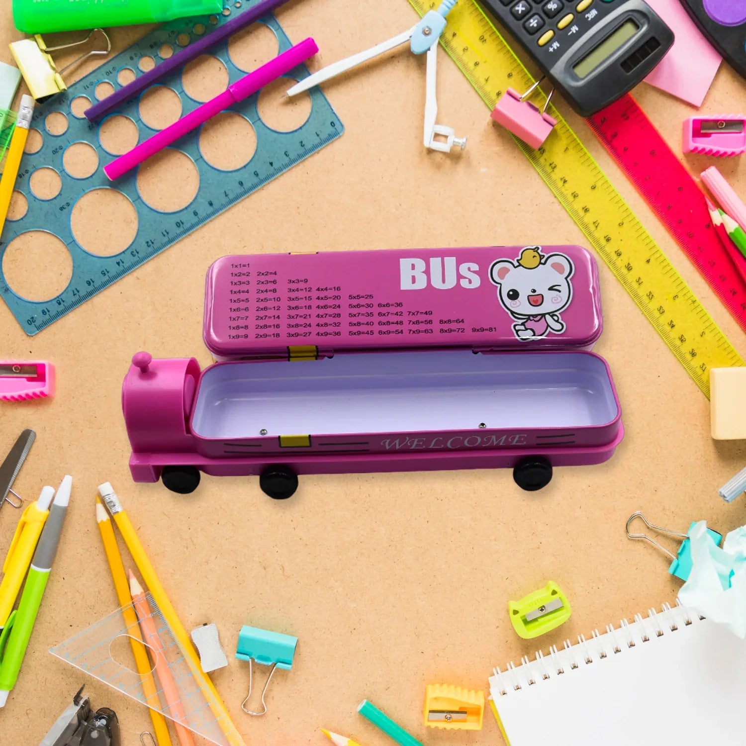 4672 Double Decker Magic Bus Compass 2 Layer Metal Bus Compass Pencil Case With Movable Wheels Sharpener Bus Shape With Tiers Metal Pencil Box For Kids Birthday Party - Zidbik