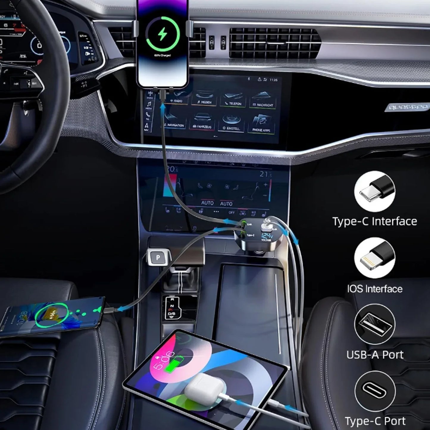 4-in-1 Super Fast Car Charger With Dual Built-in Cables Dual Usb Ports - Zidbik