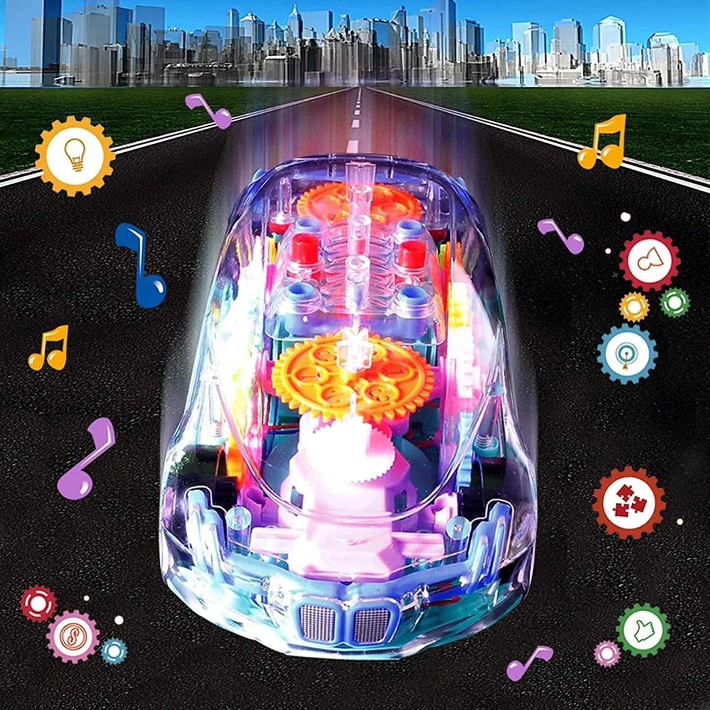 17793 Automatic 360 Degree Rotating Transparent Gear Concept Car With Musical And 3d Flashing Lights Toy For Kids Boys Girls (Multicolor Battery Not Included) - Zidbik