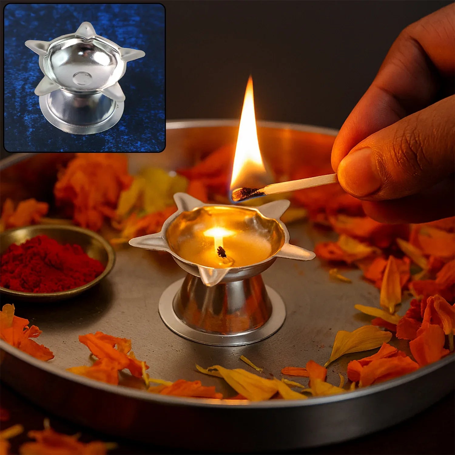 Stainless Steel Lotus Design Diya (1 Pc) - Zidbik