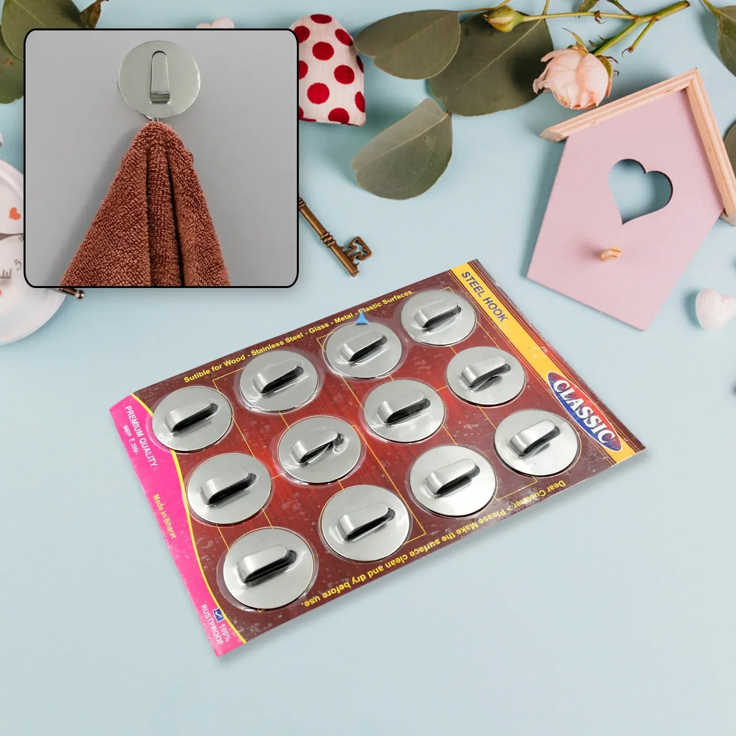 9413 Multipurpose Steel Wall Hanging Hook 12 Pc Self Adhesive Wall Hanging Hooks Sticker Hook Suitable For Wall Paper Calender Bathroom Tiles Kitchen Key Hange And Etc Hook 12 (Pack Of 12) - Zidbik