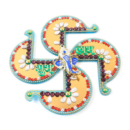Golden Swastik Shubh Labh Wall Hanging With Ganesh Idol (1 Pc) - Zidbik