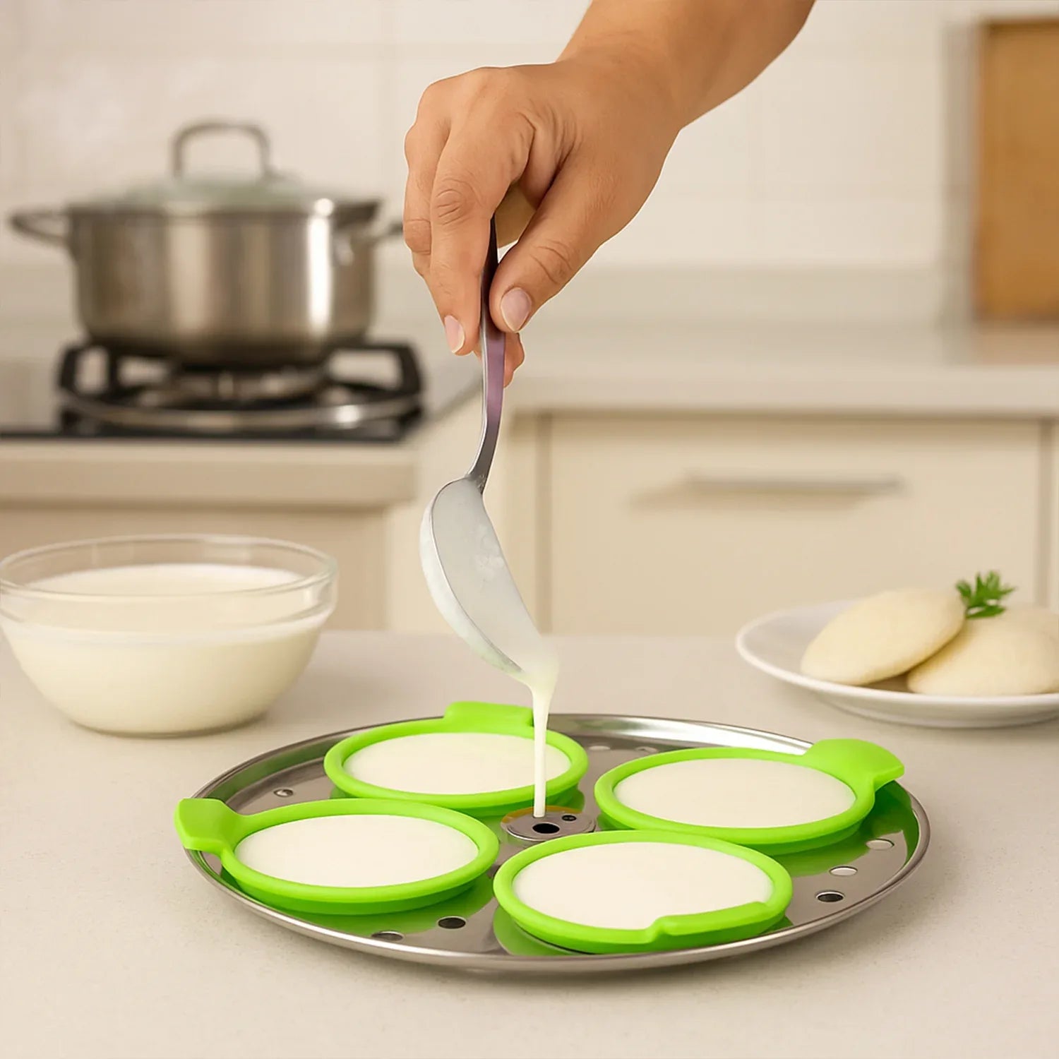 Idli Maker Cups (4 Pcs) Food-grade Silicone Non-stick Idli Dhokla Egg Poacher Moulds - Zidbik