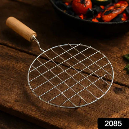2085 Kitchen Round Stainless Steel Roaster Papad Jali Barbecue Grill With Wooden Handle - Zidbik