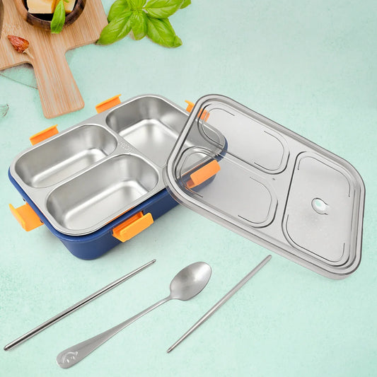 3 Compartment Transparent Stainless Steel Lunch Box With A Spoon And A Pair Of Chopsticks (1 Set) - Zidbik