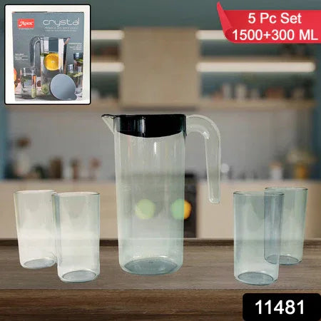 Apex Crystal Premium Jug With Lid  4 Pcs Glass (1500 Ml  300 Ml Approx  5 Pcs Set) - Zidbik