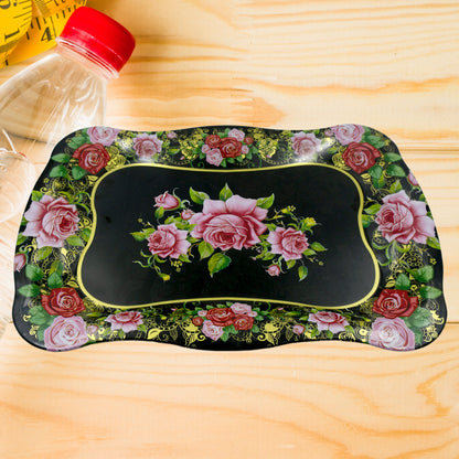 5537 Stainless Steel Serving Tray With Flower Printed Rectangle Premium Dining Table Plate (18 X 8.5 Inch  1 Pc) - Zidbik