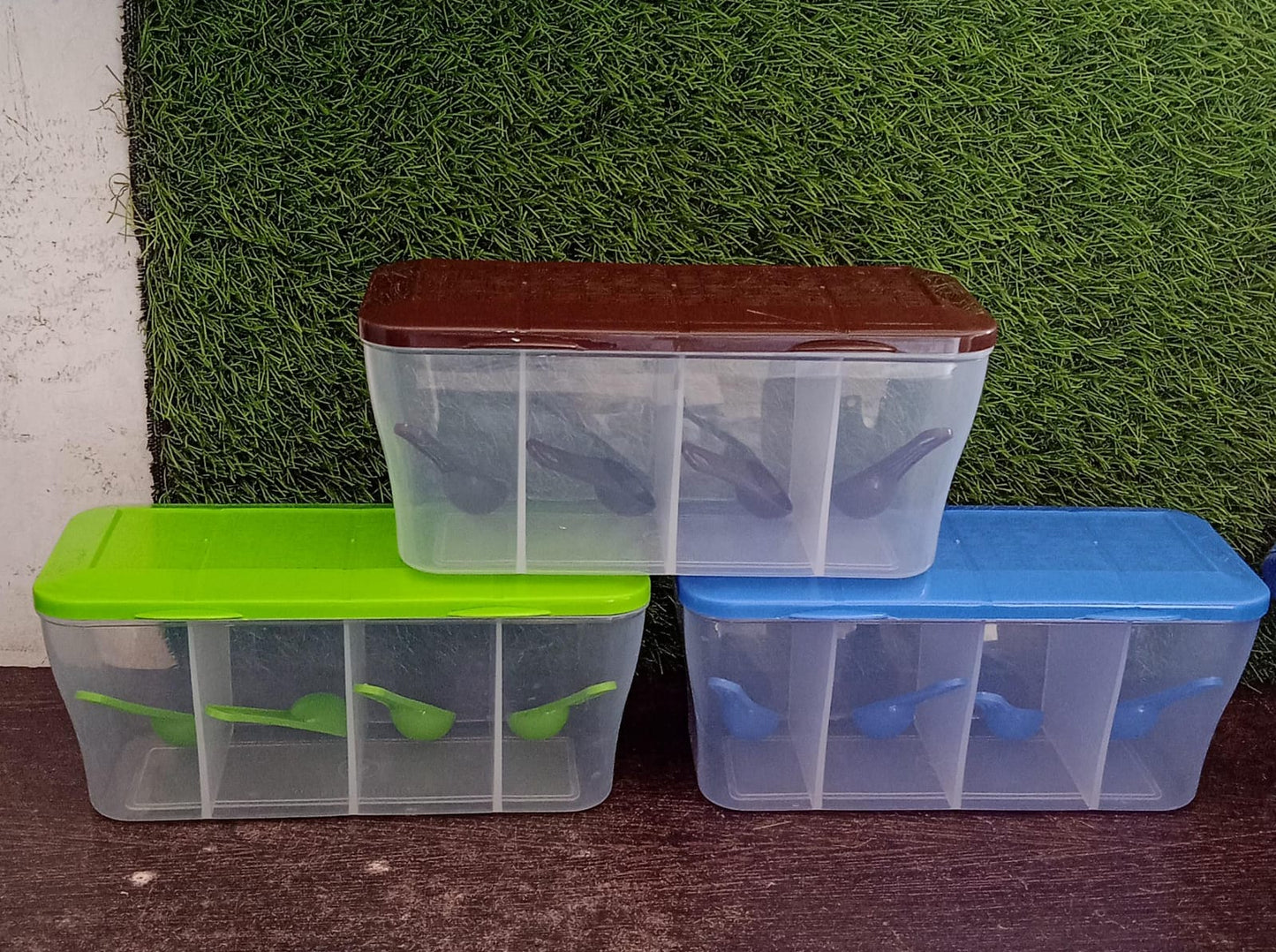 5578 Kitchen Multipurpose Air-tight 4 Sections Storage Containers  Pickle (Achar) Jar With 4 Spoon For Each Section (1 Pc  Mix Color) - Zidbik