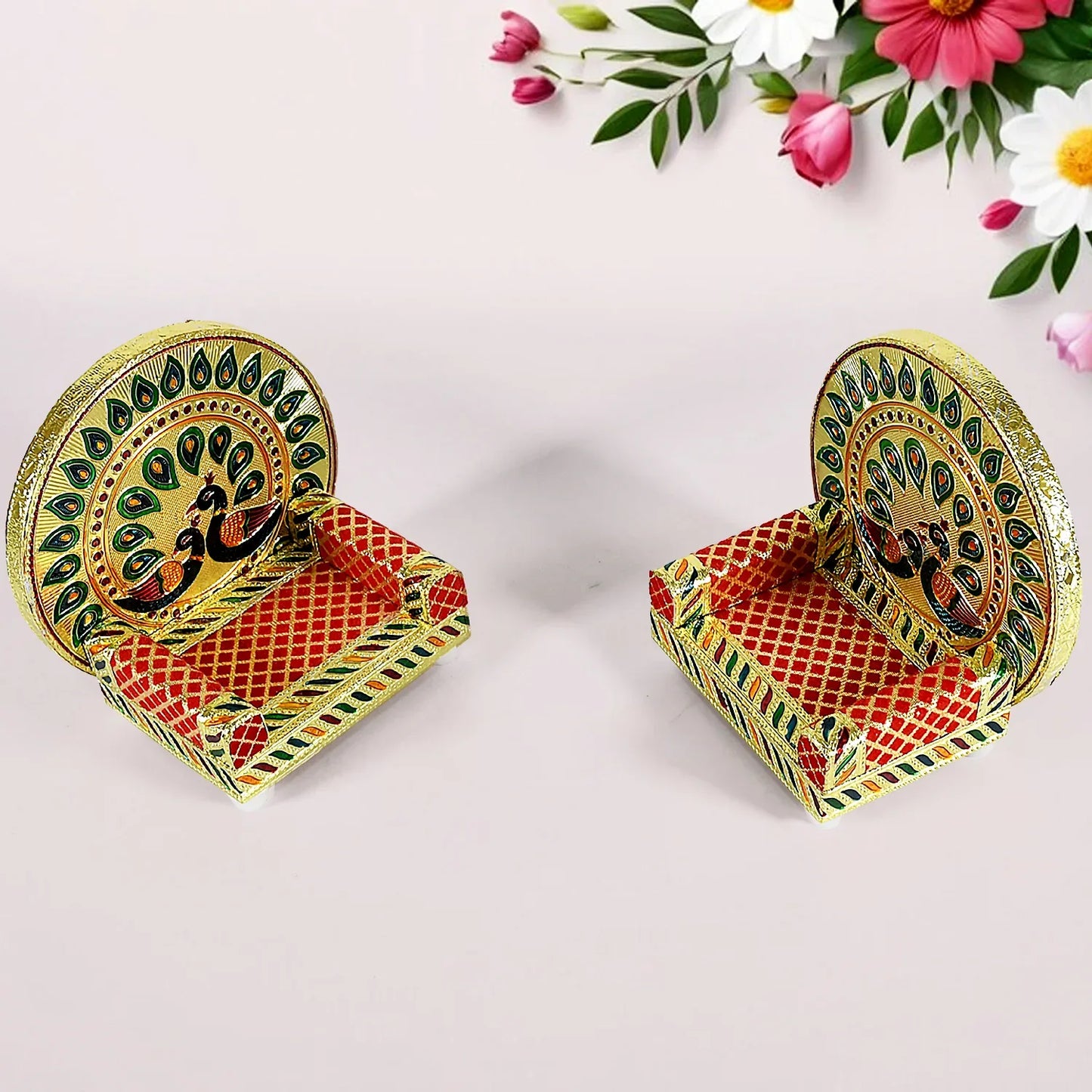 17697 Meenakari Work Laddu Gopal Singhasan For Pooja Mandir Wooden Krishna Ladoo Bal Gopal Sofa Asan Home Decorative Premium Look Decorative Singhasan Suitable For Home Office Restaurant (2 Pc Set) - Zidbik