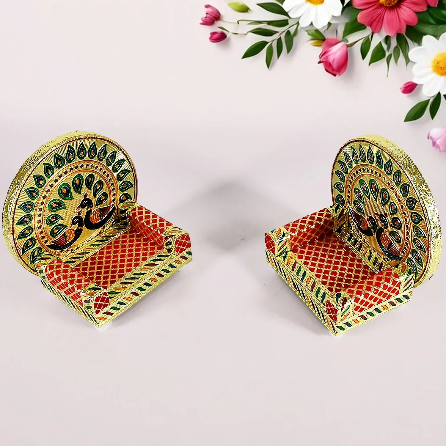 17697 Meenakari Work Laddu Gopal Singhasan For Pooja Mandir Wooden Krishna Ladoo Bal Gopal Sofa Asan Home Decorative Premium Look Decorative Singhasan Suitable For Home Office Restaurant (2 Pc Set) - Zidbik
