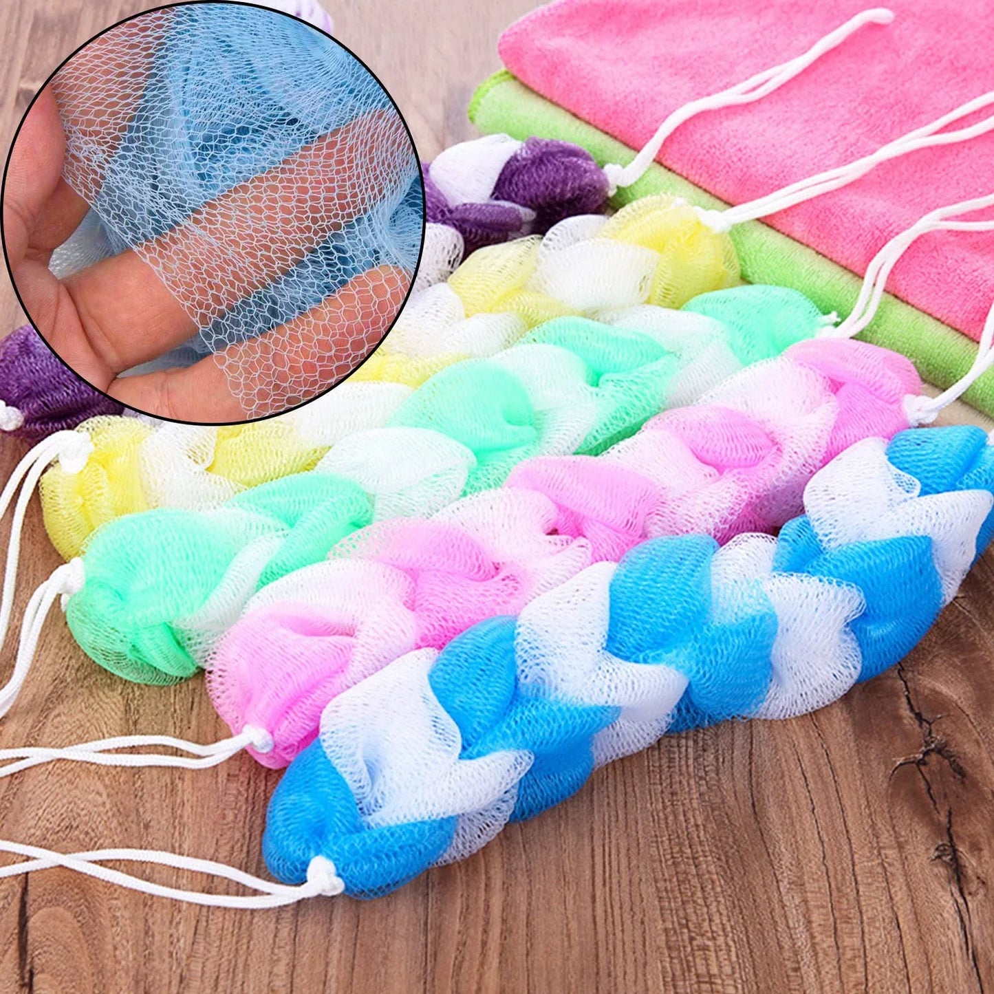 6073 Hanging Bath Shower Long Loofah Sponge Pouf Body Scrubber (Pack Of 6) - Zidbik