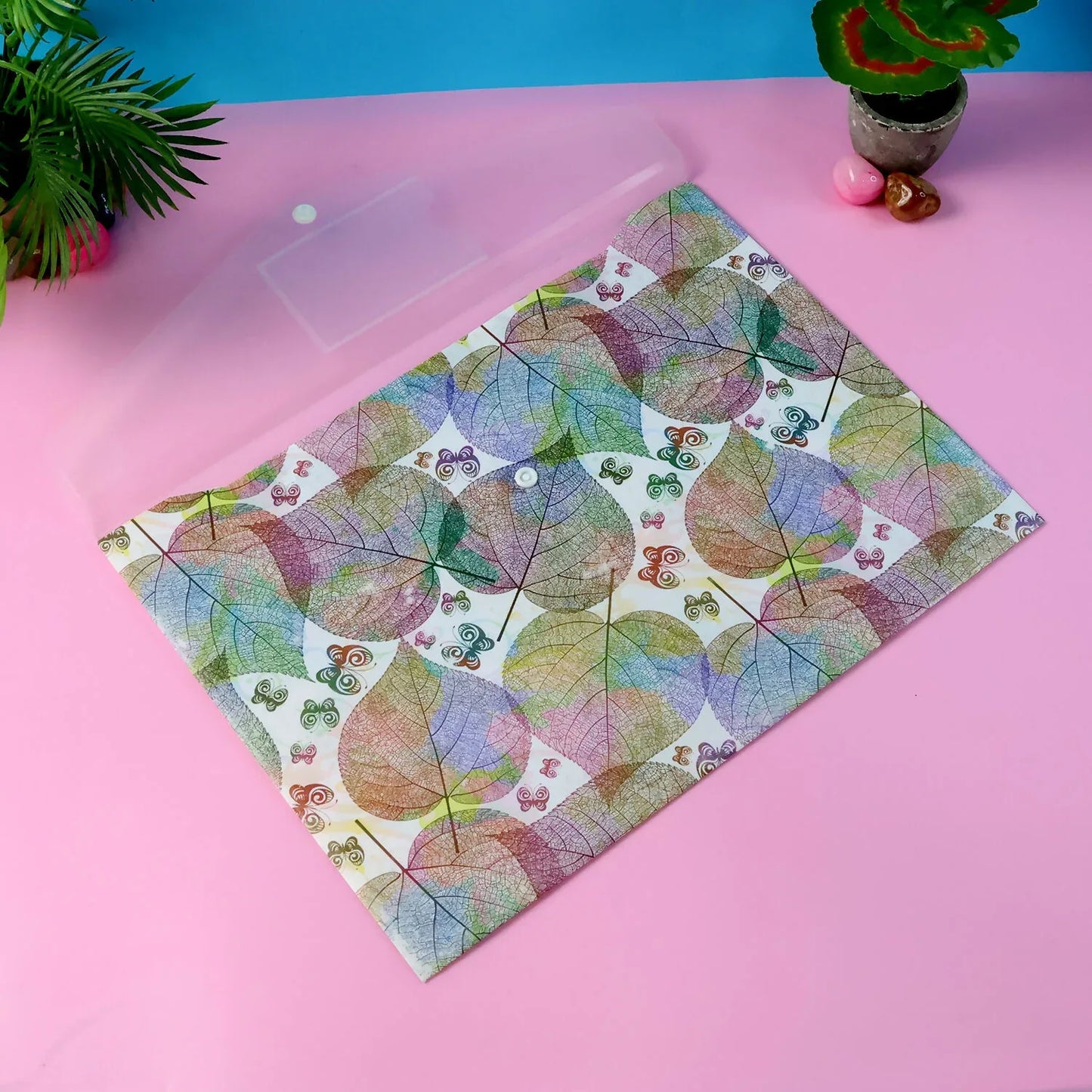 Printed A4 Document Folder Leaf Design With Button Closure Label Slot (1 Pc) - Zidbik