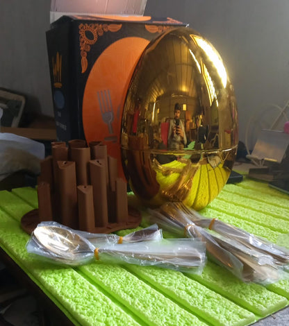 10010 Premium Cutlery Set 24 Pcs With Oval Shaped Stand  Beautiful Stylish Oval Designed Cutlery Sets Egg-shaped Luxury Spoon Holder Set (Golden  24 Pcs Set) - Zidbik