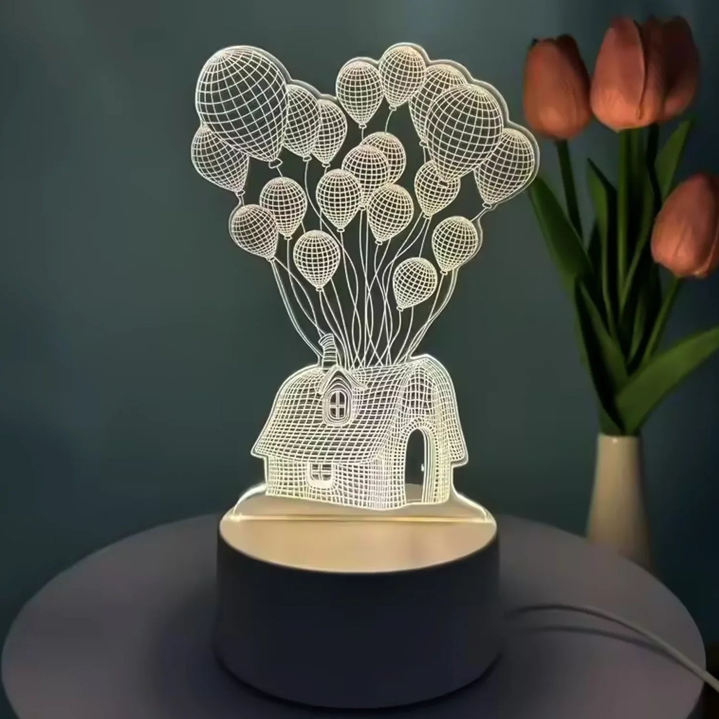 3d Illusion Led Night Lamp With House And Balloons Design - Zidbik