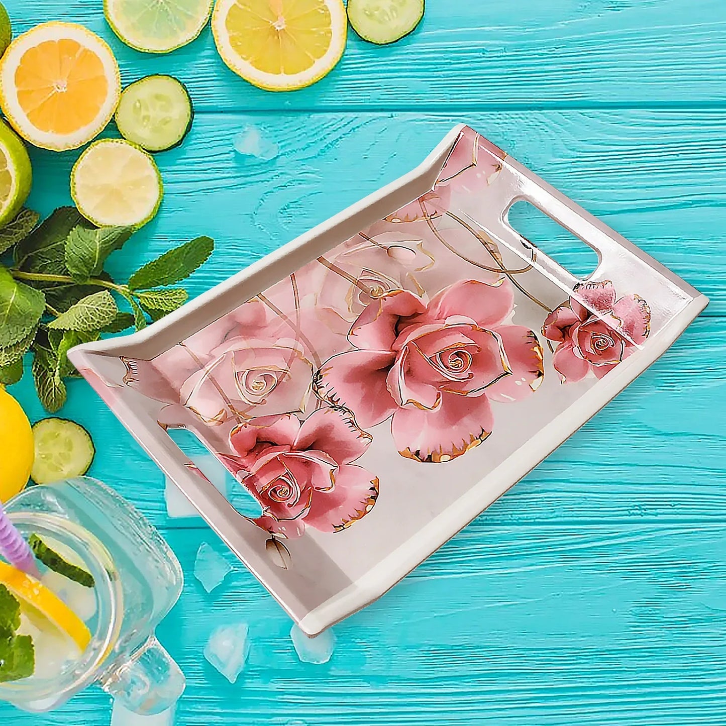 2292 Plastic Rectangular Shape Flower Printed Design Serving Tray 3 Pcs Home And Kitchen Use (3 Pcs Set) - Zidbik