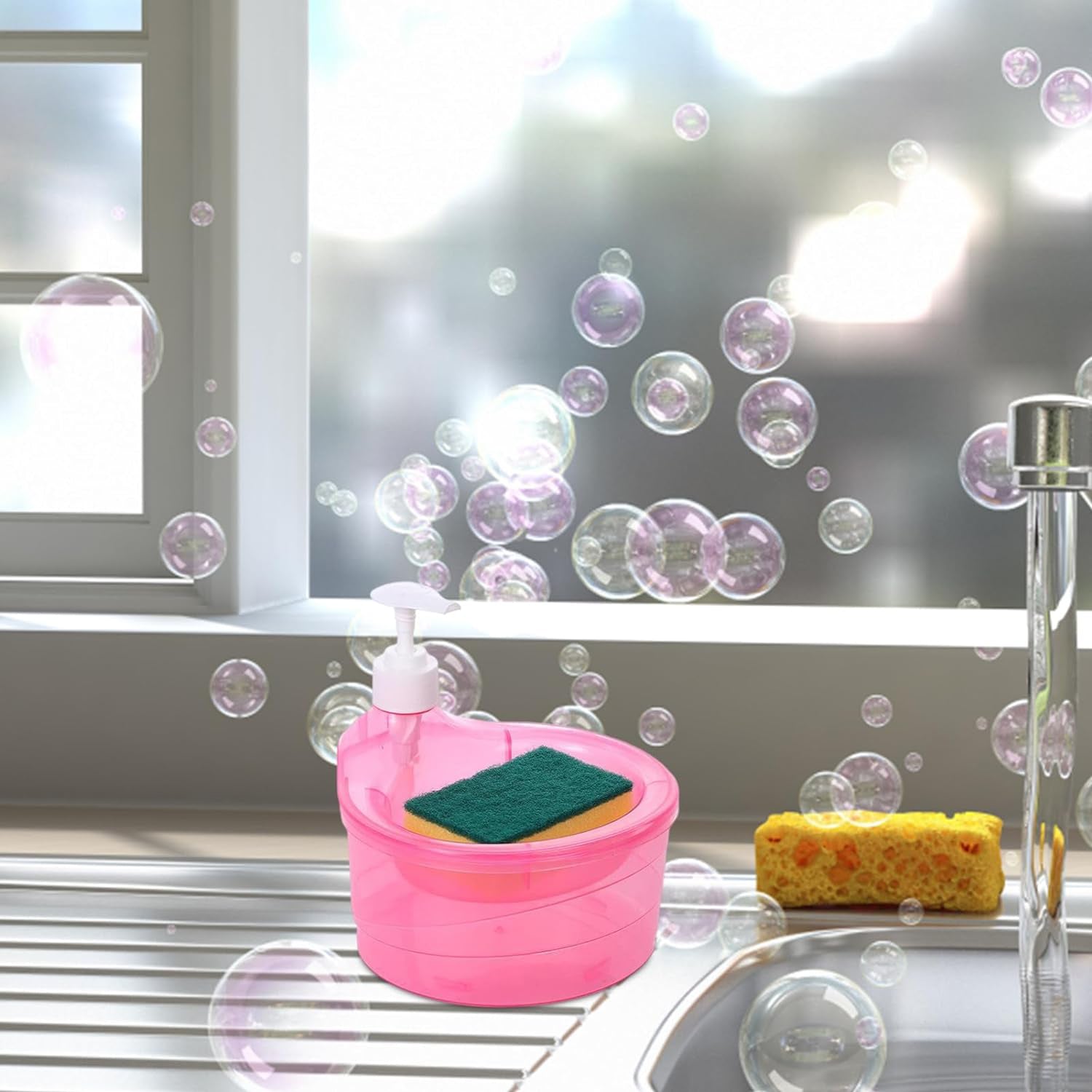 12589 Double Layer Liquid Soap Dispenser With Pump And Sponge Practical For Hotel Sink Clear Soap Dispensing Liquid Pump Bottle For Home  Kitchen Rectangle ( 2 In 1 ) - Zidbik