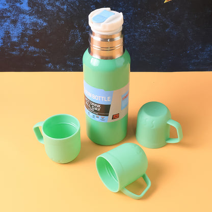 Green Vacuum Flask Set  Stainless Steel Thermos With 3 Cups Approx 500ml - Zidbik