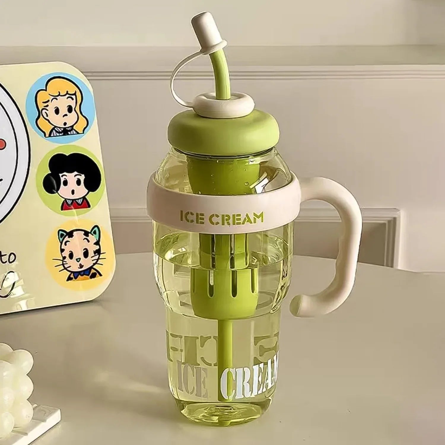 Approx 1300ml Large Capacity Cute Ice Cream Themed Water Bottle With Handle Straw Fruit Infuser Leakproof Sipper For Kids Adults - Zidbik