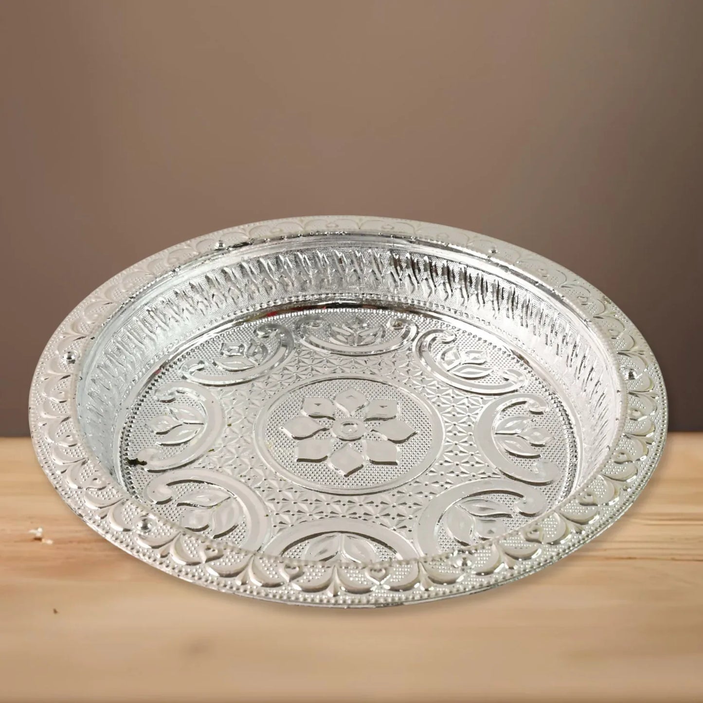 Traditional Silver Finish Plastic Pooja Thali (1 Pc) - Zidbik