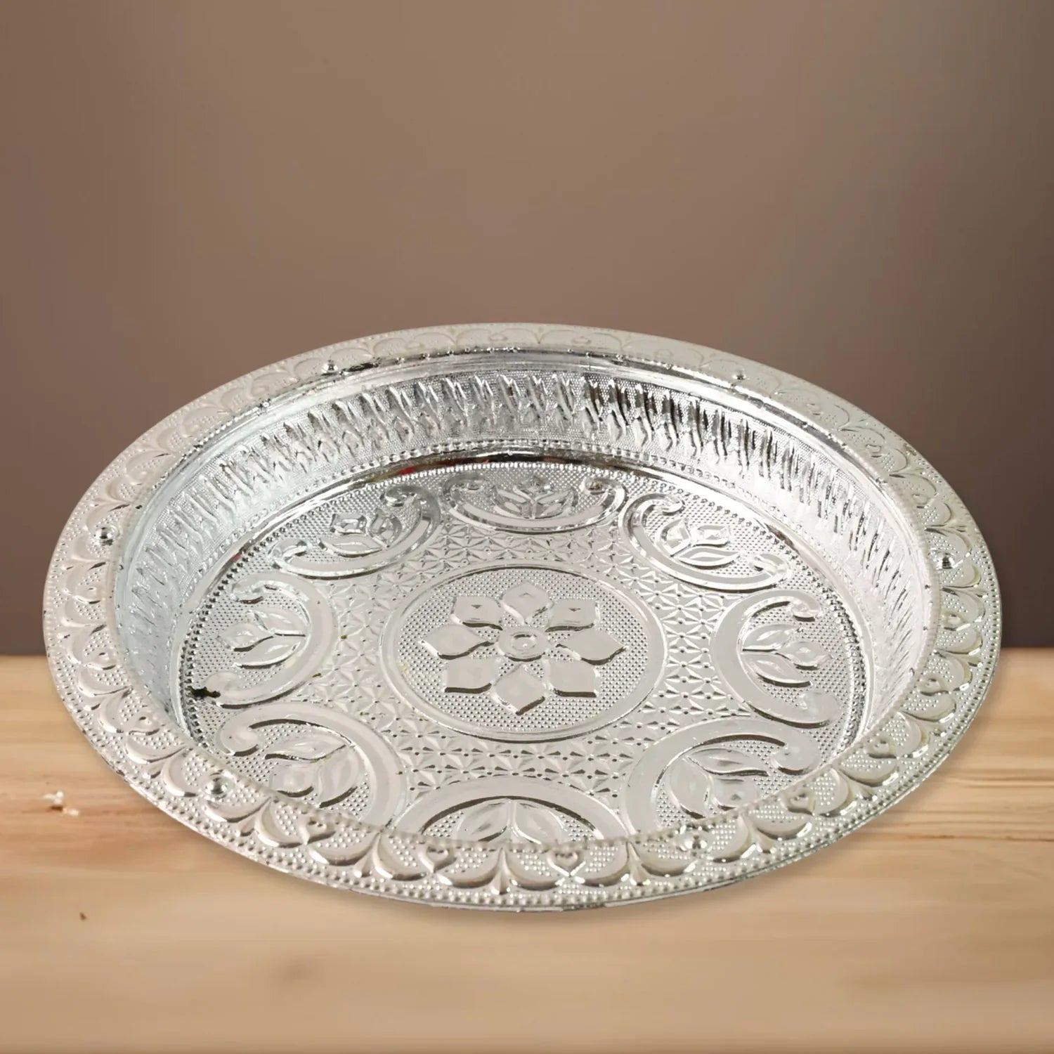 Traditional Silver Finish Plastic Pooja Thali (1 Pc) - Zidbik