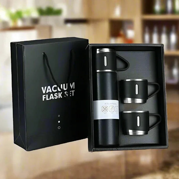 Stainless Steel Vacuum Flask Set With 3 Steel Cups Combo For Coffee Hot Drink And Cold Water Flask Ideal Gifting Travel Friendly Latest Flask Bottle. (500ml) - Zidbik