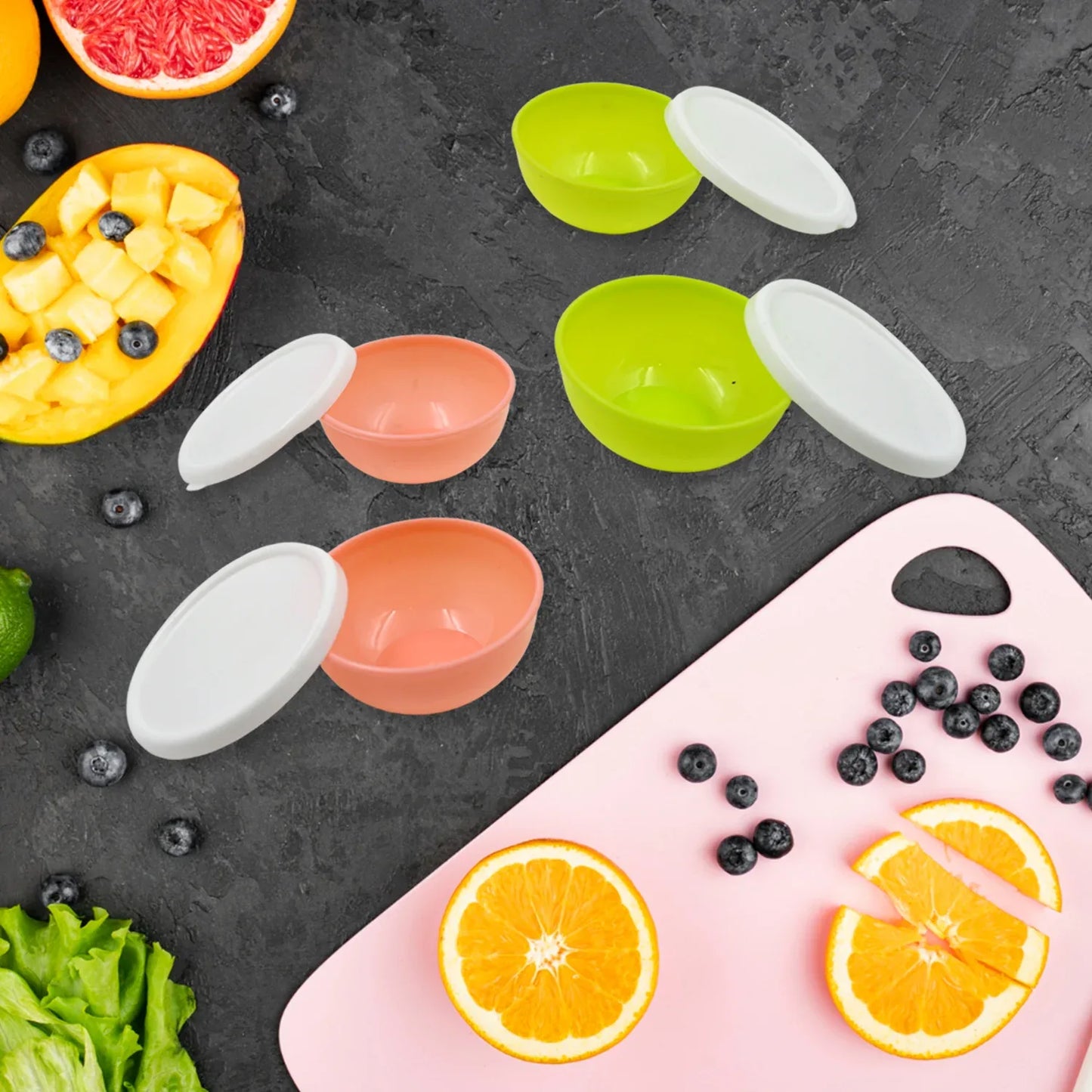 5558 Multipurpose Small Round Plastic Bowl Katori With Lid Microwave Safe Reusable Lightweight Bowl Dishwasher Safe Chutney Bowl (4 Pcs Set) - Zidbik