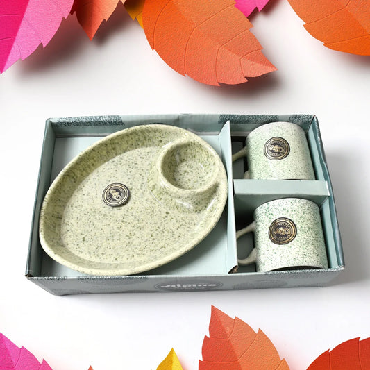 8227 Alpino Ceramic Tea Cups Set With Plastic Serving 2 Compartment Platter Milk Cup Mug Coffee Cup Tea Cup Bpa Free Food Grade Or Outdoor For Household Gift For Birthday (3 Pcs Set) - Zidbik