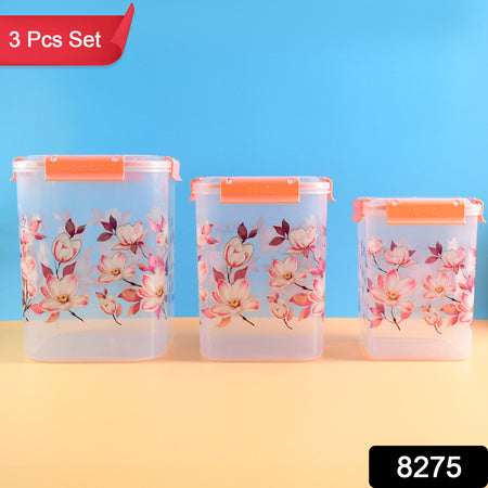 Square 3 Pcs Floral Printed Airtight Storage Container Set  Approx 2.8 Ltr 4.5 Ltr 6.9 Ltr (3 Pcs Set) - Zidbik