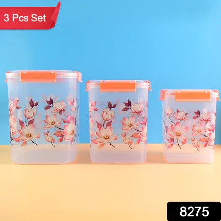 Square 3 Pcs Floral Printed Airtight Storage Container Set  Approx 2.8 Ltr 4.5 Ltr 6.9 Ltr (3 Pcs Set) - Zidbik