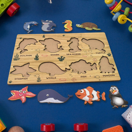 Seawater Animal Wooden Puzzle Learning Educational Board (1 Set) - Zidbik