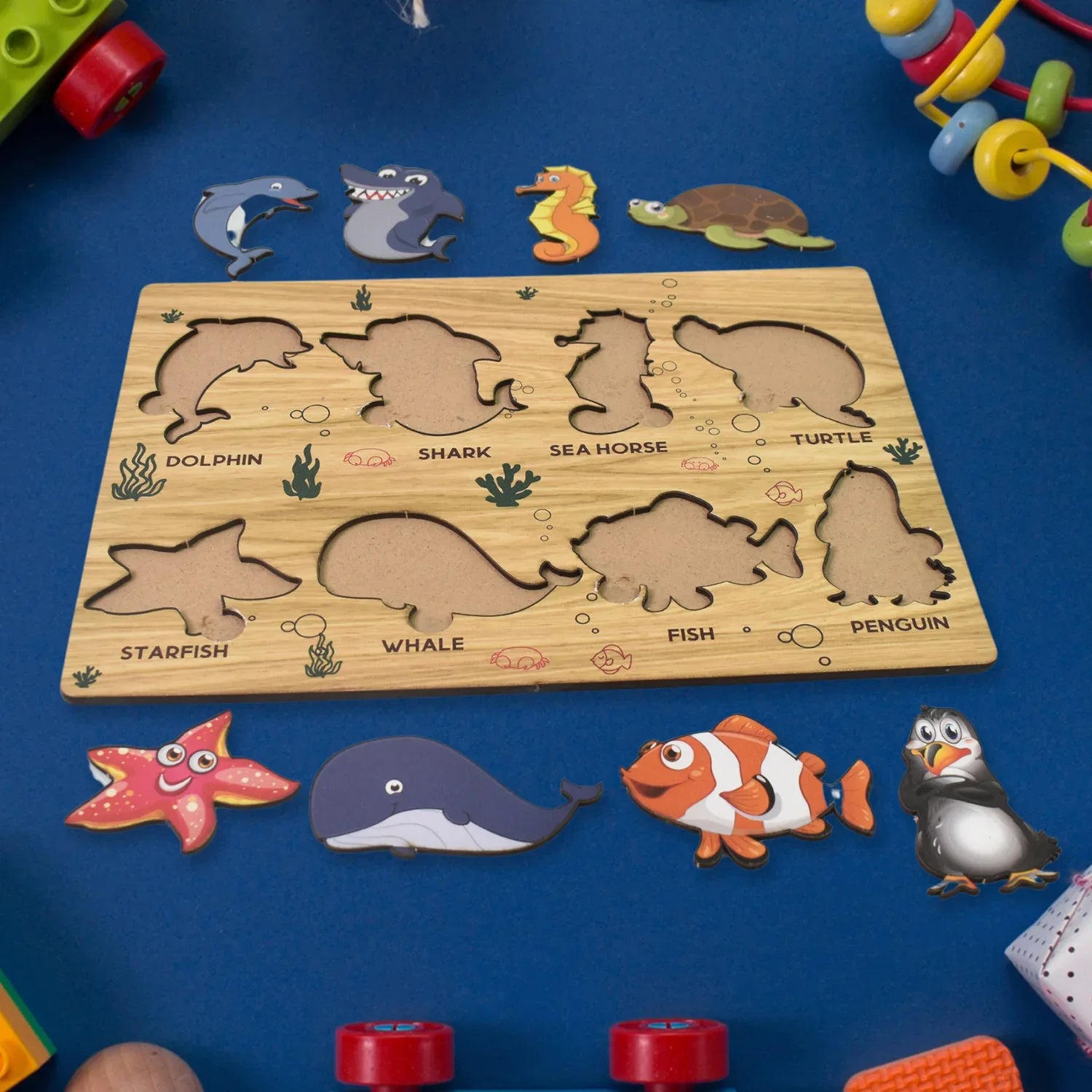 Seawater Animal Wooden Puzzle Learning Educational Board (1 Set) - Zidbik