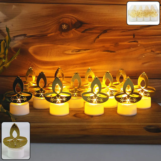 Golden Diya Shaped Led Tealight Candles (12 Pc) - Zidbik
