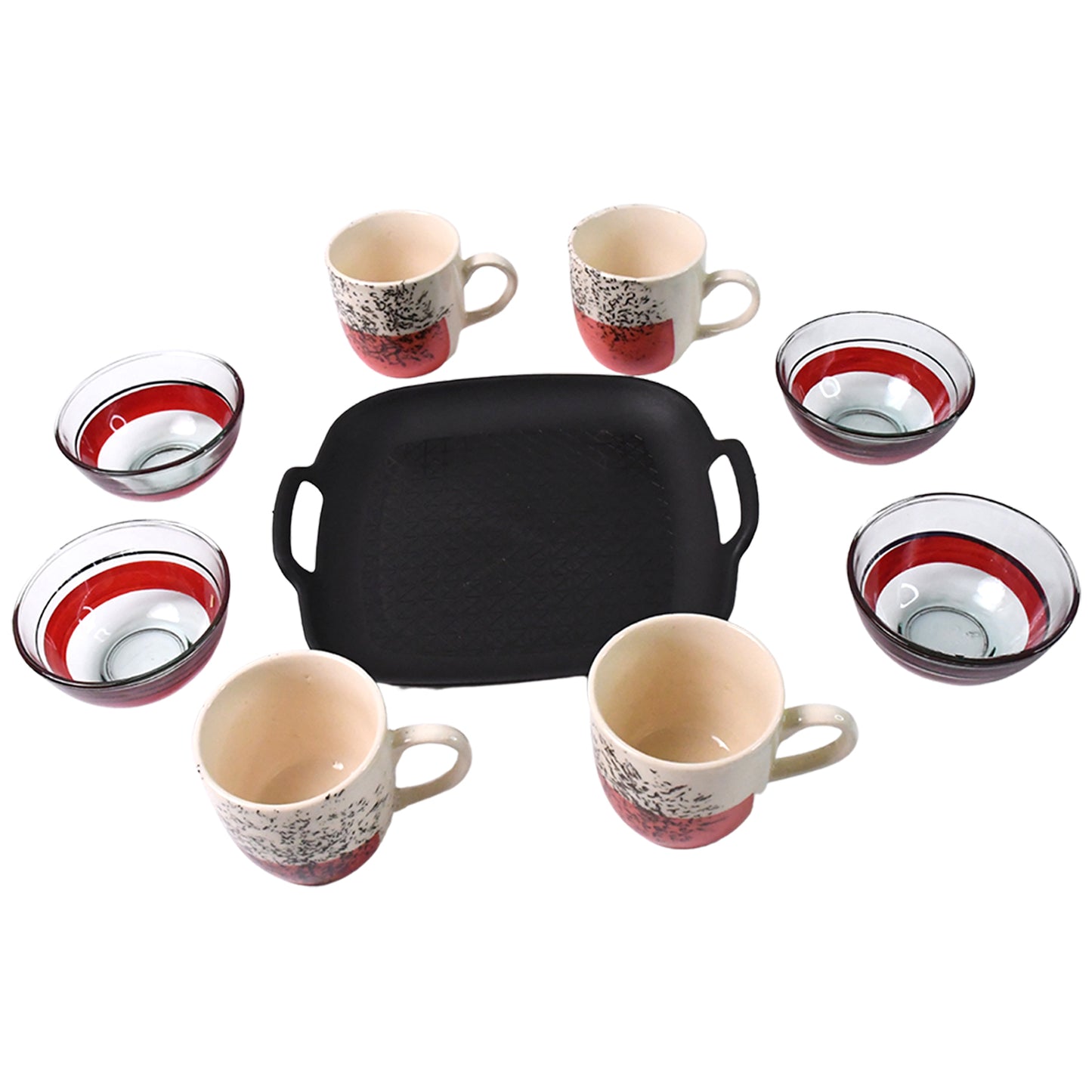 Healthy Choice Set Of 4pc Ceramic Cup And 4pc Glass Bowl With Plastic Plate (9 Pcs Set) - Zidbik
