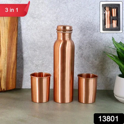 Copper Water Bottle 2 Glasses With Gift Box (3 Pcs Set) - Zidbik