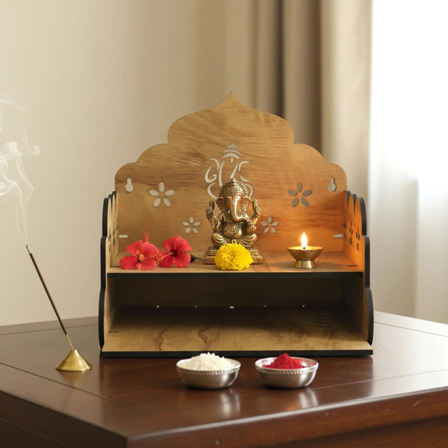 Wooden Temple Style Home Mandir Stand For Pooja - Zidbik