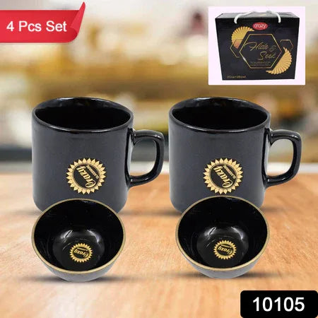 Hide  Seek Ceramic Tea  Cups With Round Serving Bowl (4 Pcs Set) - Zidbik