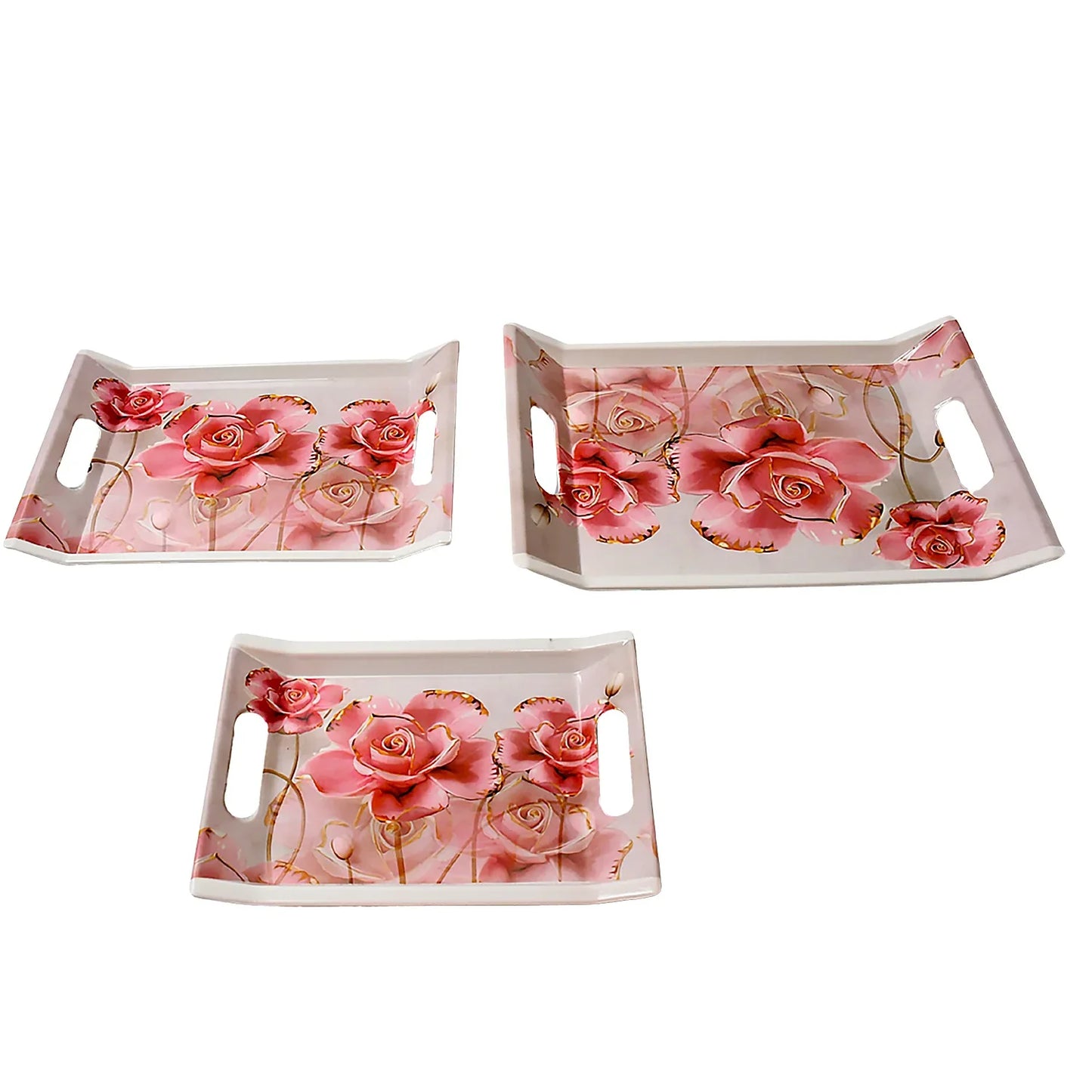 2292 Plastic Rectangular Shape Flower Printed Design Serving Tray 3 Pcs Home And Kitchen Use (3 Pcs Set) - Zidbik