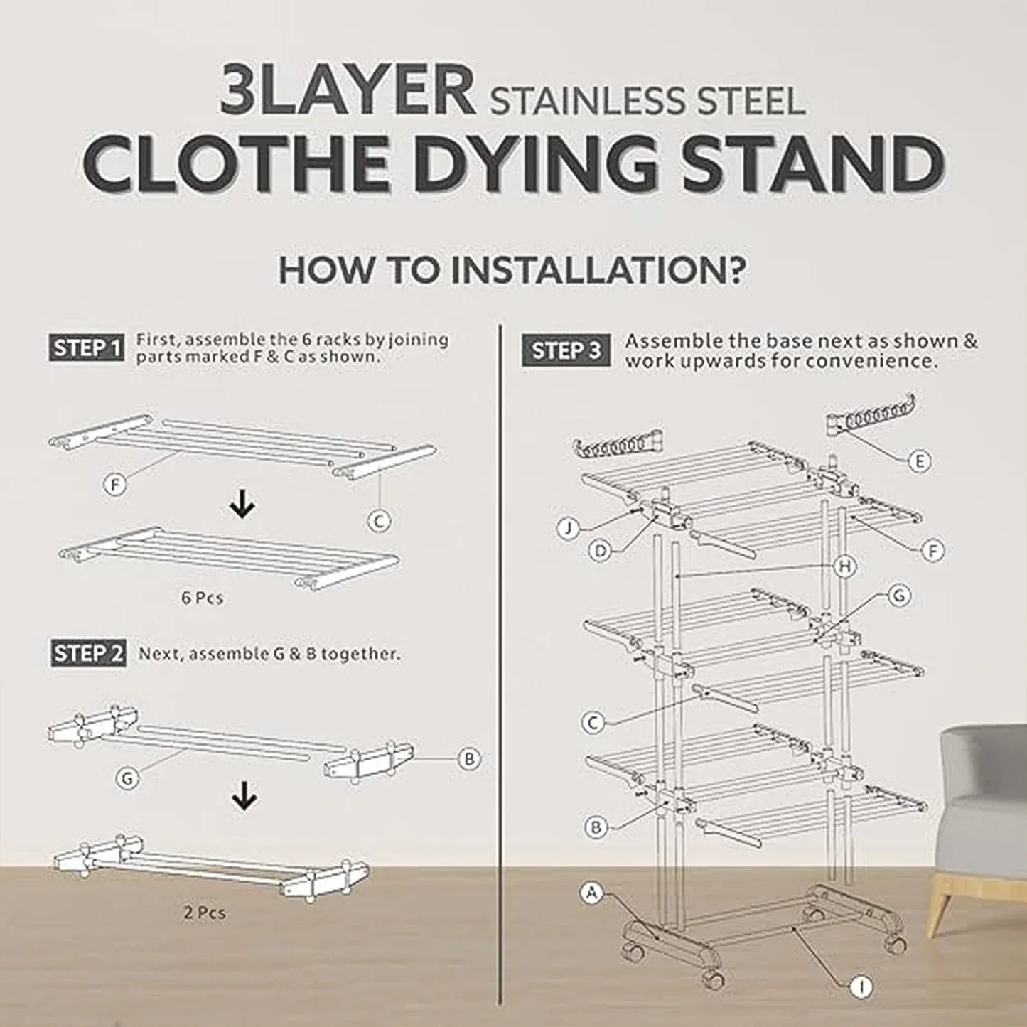3-tier Foldable Stainless Steel Cloth Drying Stand With Wheels - Zidbik