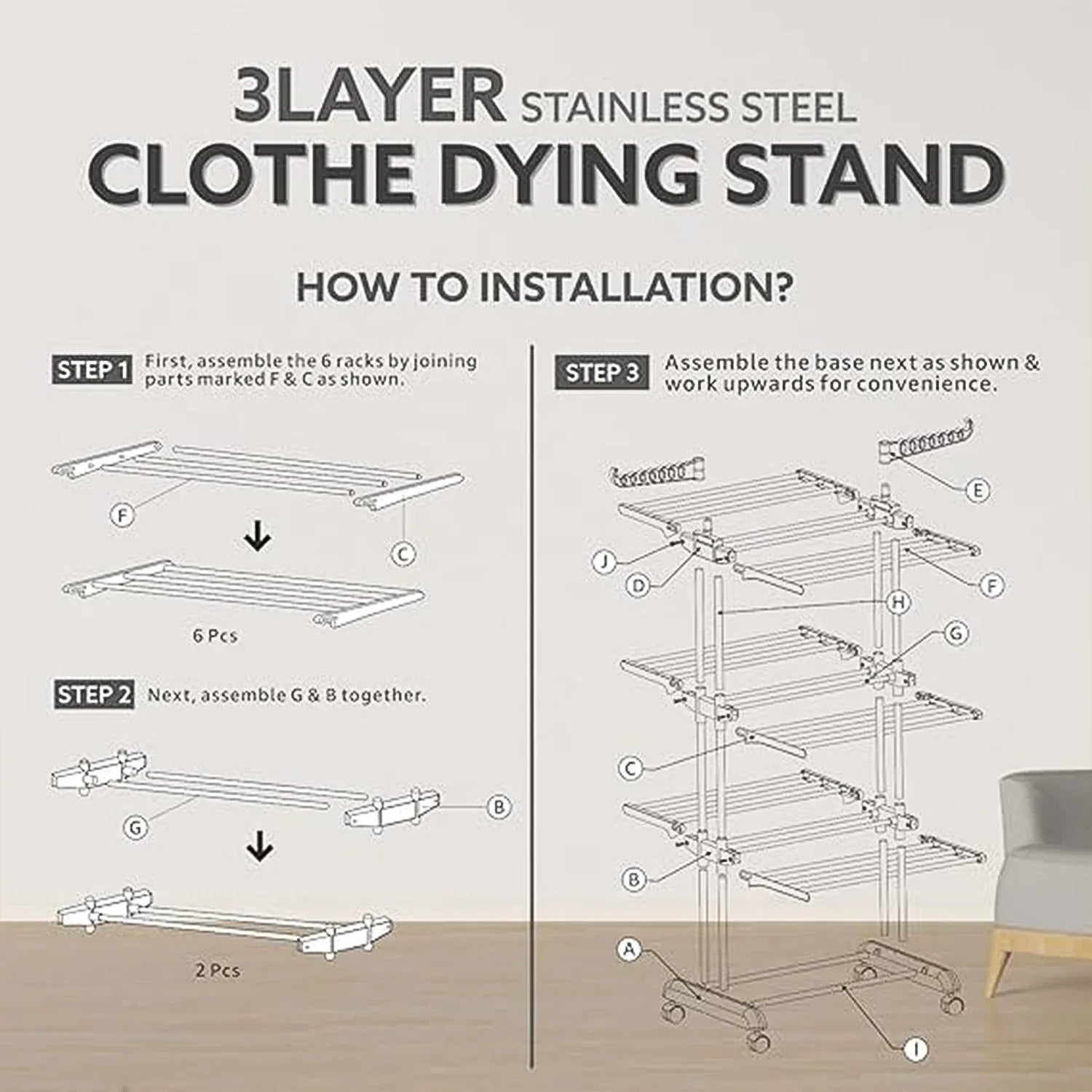 3-tier Foldable Stainless Steel Cloth Drying Stand With Wheels - Zidbik