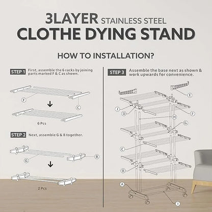 3-tier Foldable Stainless Steel Cloth Drying Stand With Wheels - Zidbik