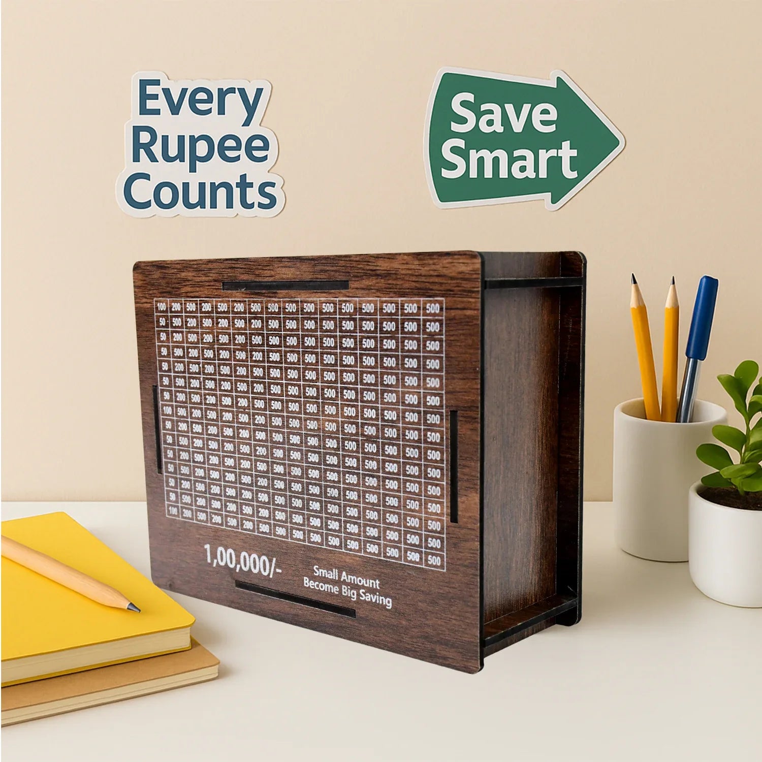 Wooden Money Piggy Bank Money Box (1 Pc With Marker Pen) - Zidbik