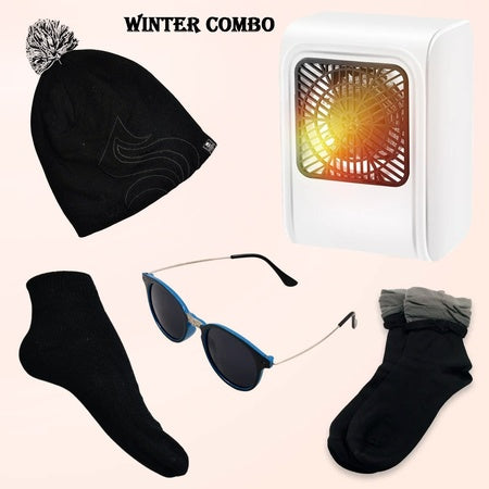 Winter Warm Set- Bennie Hat Room Heater Sunglasses And Socks (5 Pcs Combo) - Zidbik