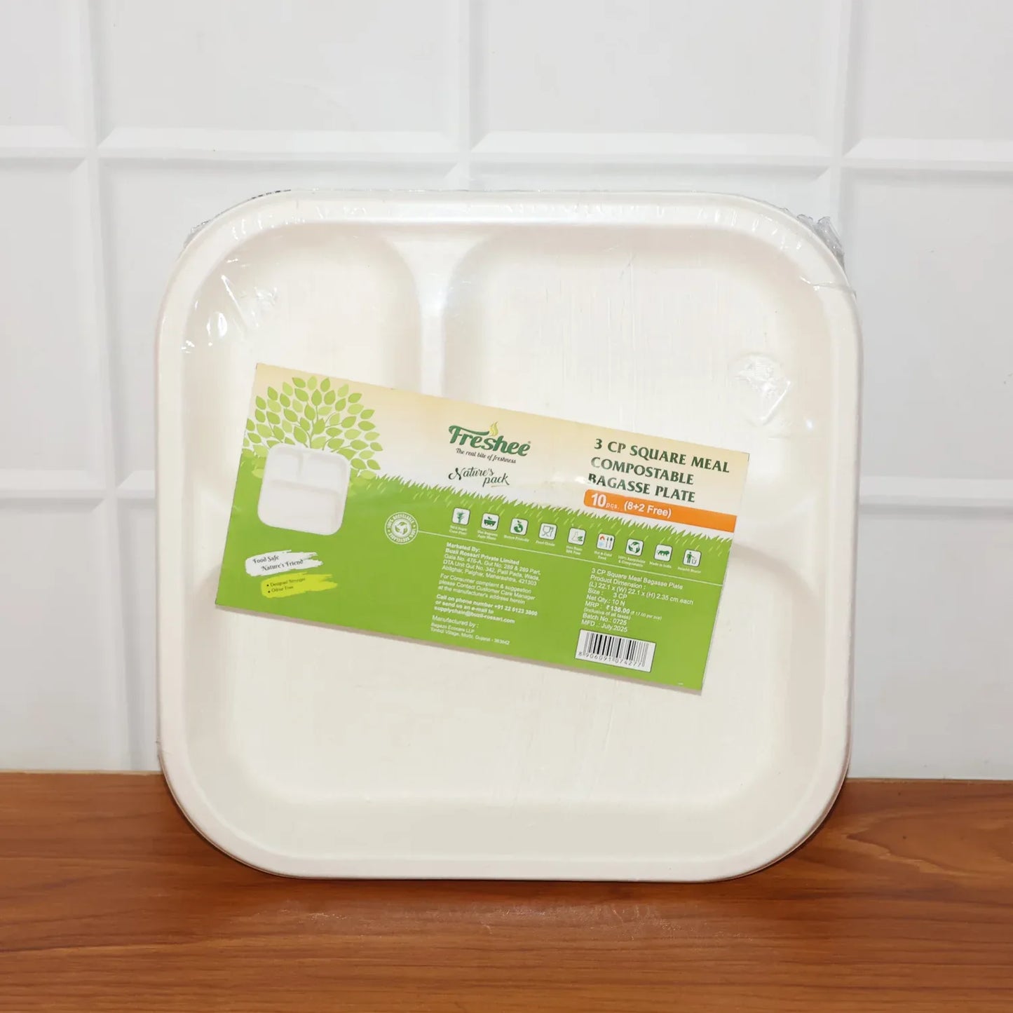 Compostable Bagasse 3-compartment Square Meal Plate - Zidbik