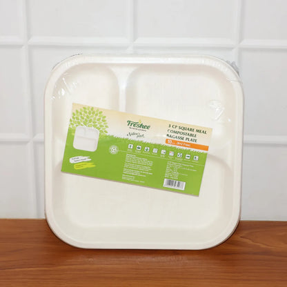 Compostable Bagasse 3-compartment Square Meal Plate - Zidbik