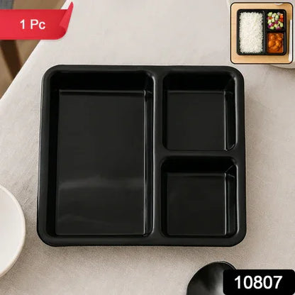 Plastic Multi-compartment Meal Serving Tray 3-section Rectangular Dining Plate (1 Pc Black) - Zidbik